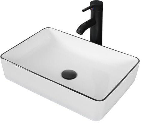 YU YUSING Ensemble complet - Lavabo Vasque à Poser Rectangulaire en Céramique avec Ensemble de Robinets, Lave-Mains pour Salle de Bain, WC d'Invités, Blanc Moderne, 50.5 x 34 x 10 cm