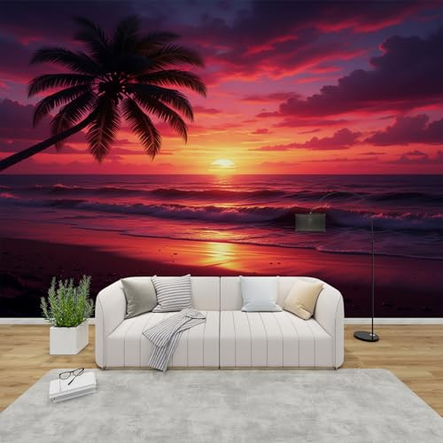 AevuCub Tapete Sonnenuntergang, Fototapete Strand Meer Schlafzimmer, Tapeten Vliestapete Tropische Landschaft Wohnzimmer, Wandtapete Kinderzimmer Strandmotiv Wanddeko, 200 x 140 cm (B x H)