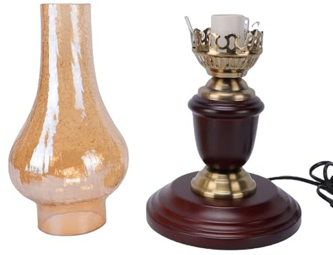 Domary Lampe de Table Vintage à Brancher, Lampe de Bureau électrique avec Abat-Jour en Verre Fauve, Base en Bois pour la Maison, Chambre à Coucher, Chevet, Salon (Prise UE 220V)