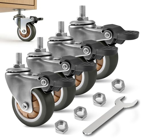 4 Möbelrollen Klein TPE Leise mit Bremse M8 x 25mm Gewinde Schwerlastrollen | Tragkraft 25 Kg 360° Lenkrollen für Werkbank Werkzeugwagen Regal Pflanzregal Rollen für Möbel mit Mutter Schraubenschlüssel