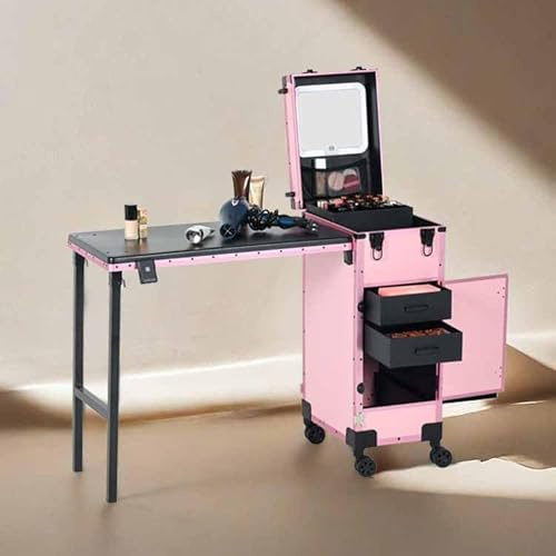 Rolling Portable Manicure Table, Foldable Traveling Nail Desk with Drawer & Cosmetic Organizers, LED Mirror, Mobile Nail Tech Workstation for Salon Use