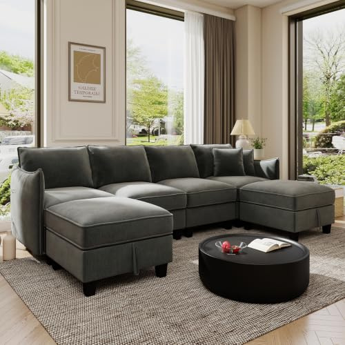 Urhanherry Modulares Sofa, Modernes U-förmiges 6-Sitzer Sektionssofa mit Hocker, Ecksofa mit Stauraum, Chenille Cloud Couch für Wohnzimmer Schlafzimmer, Dunkelgrau