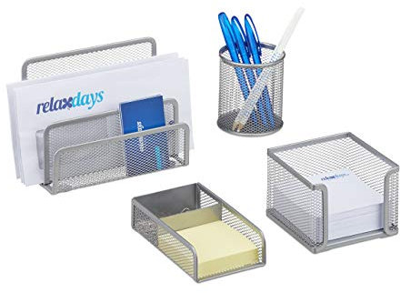 Relaxdays Schreibtisch Organizer Set 4-teilig, Mesh Metall Zubehör mit Briefablage, Stiftehalter und Zettelbox, silber, 14.5 x 17.5 x 13.5 cm