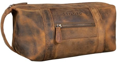 STILORD 'Bruno' Nécessaire de Voyage Homme Cuir Vintage Trousse de Toilette avec 2 Compartiments et l'Anse Étui en Cuir Véritable, Couleur:Marron Moyen