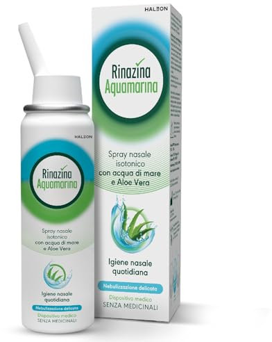 Rinazina Aquamarina Spray Nasale Isotonico con Aloe Vera, Nebulizzazione Delicata, adatto per il lavaggio nasale di bambini 6+ e Adulti, 100ml