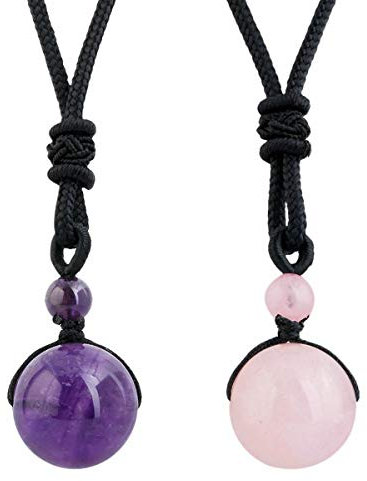 mookaitedecor Protection Collier Améthyste & Quartz Rose Pendentif Couple Perles Rondes Pierre Naturelle avec Corde Ajustable pour Amoureux