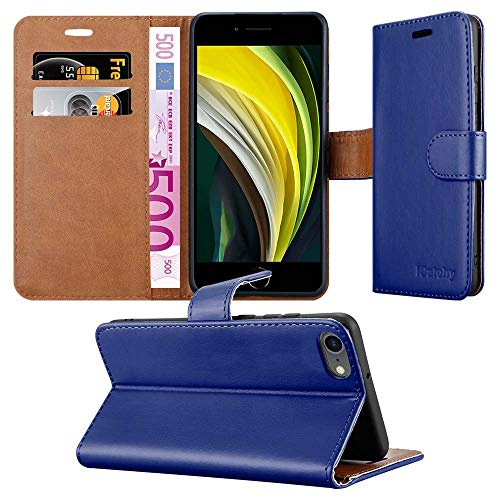 iPEAK Case Compatible For iPhone SE 2022, SE 2020, 7, 8 Leather Flip Folio Book Kickstand Card Holder Wallet Cover Full Protection for iPhone Phone (Blue)