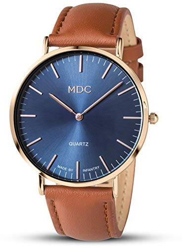 Infantry MDC Mens Minimalist Ultra Thin Watch Analogue Quartz Wrist Watches for Men Dress Casual Business with Genuine Leather Strap