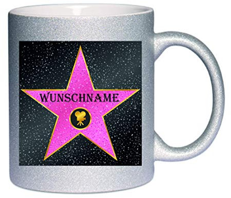 Glitzertasse (silber) Walk of Fame (Wunschname) - Kaffeetasse, bedruckte Tasse mit Sprüchen oder Bildern, Bürotasse,