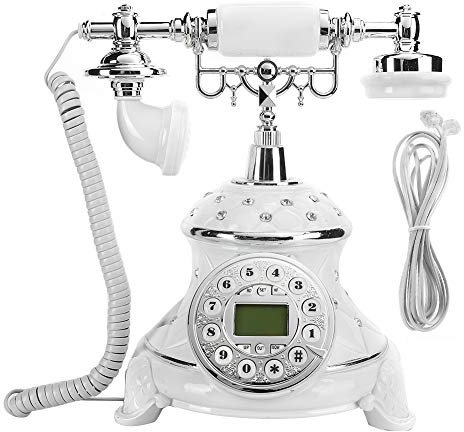 Vintage Telephone, Retro Antique Old Telephone European Style White Embed Rhinestone Corded Landline Telephone with Push Button Dial for Home Office Hotel Decor