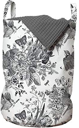 ABAKUHAUS Blumen Wäschesack, Detaillierte Gravur Frühling, Wäschekorb mit Griffen Kordelzugverschluss für Waschsalons, 33 cm breit x 49 cm hoch, Weiß Dunkelgrau
