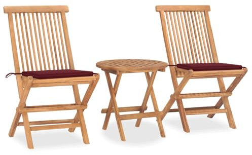 vidaXL Teak Massiv Gartenmöbel 3-TLG. mit Kissen Klappbar Bistroset Tisch Stühle Sitzgruppe Gartengarnitur Balkonset Gartenset Balkonmöbel