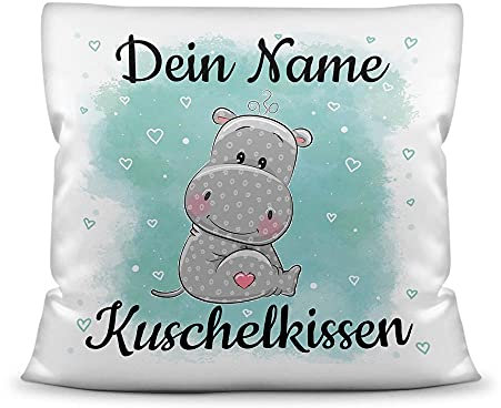 PR Print Royal Kissen mit Füllung für Kinder - Tiermotiv Nilpferd - für Mädchen und Jungs - mit Wunschname beschriften - Nilpferd - Kissen Polyester - Weiß, 40 x 40 cm