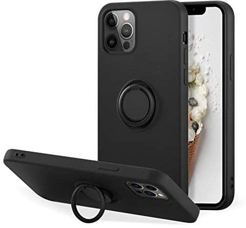 UEEBAI Case for iPhone 13, Ultra Slim Liquid Silicone Phone Case with 360 Rotatable Ring Holder Kickstand with Magnetic Car Mount Gel Rubber TPU Bumper Shockproof Cover - Black
