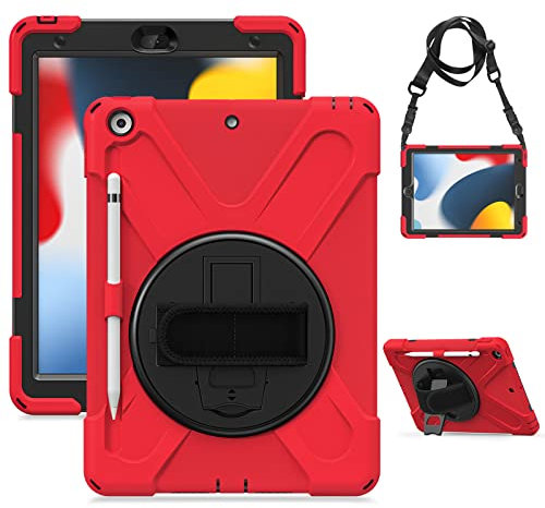 Gerutek Hülle für iPad 10,2 Zoll (iPad 9./8./7. Generation), Stoßfeste Robust Panzerhülle mit Pencil Halter, Drehbar Stände, Handschlaufe Schultergurt Schutzhülle für iPad 10.2 2021/2020/2019, Rot