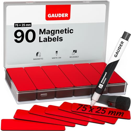 GAUDER Magnetic Labels Writable - Reusable Magnetic Tags for Whiteboard, Blackboard, Kanban Board and Fridge - Magnet Cards with Marker (90 Pieces - 75 x 25 mm)