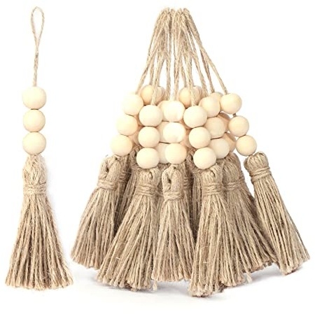 AEKAO Lot de 20 Pompons en Corde de Jute avec 3 Perles en Bois, Corde de Chanvre pour Sapin de Noël, Loisirs créatifs, Guirlande de Perles en Bois, Projet, Mariage, décoration de fête (Couleur