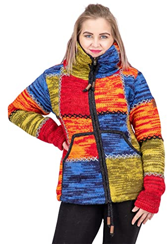Damen Strickjacke Goa Wolle Bunte Patchwork Jacke mit Fleecefutter und Hochkragen