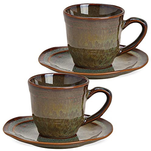 Espressotassen mit Untertasse 2er Set braun im Landhausstil - Außergewöhnliche Keramik Kaffeetassen in 90ml - Moderne Kaffeetassen spülmaschinenfest und mikrowellengeeignet als Geschenk