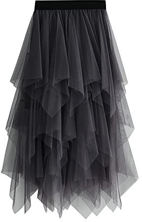 Damen-Tüllrock, elastisch, hohe Taille, Blumendruck, Abgestuft, geschichtet, unregelmäßiges Mesh, Ballett, Abschlussball, Party, Tüll, Tutu, Midirock in A-Linie (B-Grey, ONE Size)
