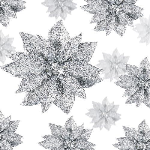 24 Stück 3 Größen Weihnachtsstern Deko Weihnachtsbaum Blumen Magnolien Blume Weihnachten Künstliche Glitzer Weihnachtsstern Blumen Ornamente mit Clips für Weihnachtsbaum Neujahr (Silber)