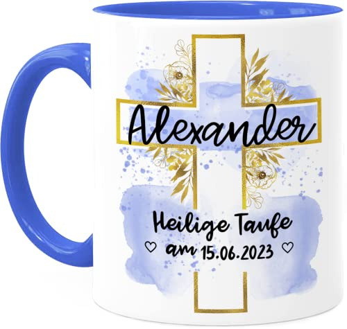 Tassenliebling® Taufe Tasse personalisiert mit Datum und Namen für Mädchen und Jungen - Blau - Beidseitiger Druck - Christliche Geschenke zur Taufe