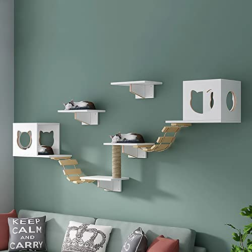 Katzen Kletterwand Set, Katze Wandelement, Katzenregale und Sitzstangen für die Wand, Platzsparende DIY-Katzen-Kletterwand zum Klettern, Schlafen und Spielen (Size : Set D)