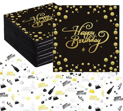 BURGEON 40 Stück Servietten Geburtstag mit 15g Geburtstag Konfetti Schwarz Gold, Happy Birthday Servietten Schwarz Gold Papierservietten Tischdeko für Party Deko