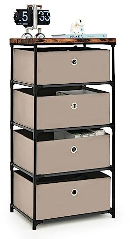 GIANTEX Kommode mit 4 Stoff-Schubladen, Schubladenregal Nachttisch mit Metallrahmen, Stoffkommode Schubladenschrank Sideboard, Kommodenschrank Aufbewahrungsschrank 42 x 32 x 84 cm (Braun)