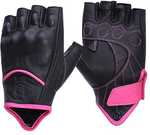 Harssidanzar Guantes de motocicleta de medio dedo/sin dedos, para conducir, motociclista, carreras, guantes de motocicleta, protección de nudillos duros para mujer, color rosa y negro, talla M