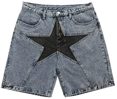 CUTEGAL Star Jorts Unisex-Jorts, mittelhohe Taille, dehnbar, Patchwork-Denim-Shorts, weites Bein, Baggy-Jeans für Herren, Y2k-Hose (A,L, L), A