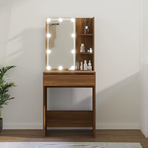 JUNZAI Schminktisch Schminken Tisch, Frisiertisch, Kosmetiktisch, Schminkkommode, Schmink Tisch, Make Up Tisch, Braun Eichen-Optik 60x40x140 cm