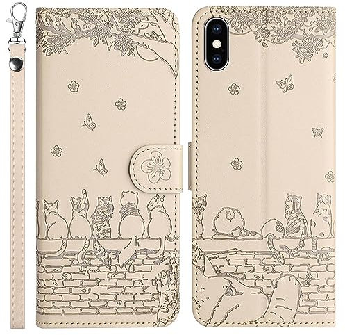 LEINOTWANCH Phone Case for Apple iPhone X/iPhone XS PU Leather Flip Case Wallet Protector[Full Protection][Card Slots][Kickstand][Lanyard ],Embossed Sakura+Kittens catching butterflies,Off White