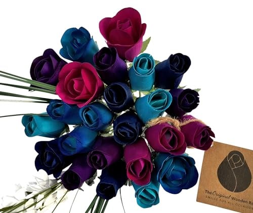 The Original Wooden Rose Deluxe Dark Waters Blumenstrauß mit geschlossenen und halboffenen Rosen, 2 Dutzend