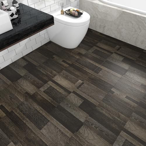 Yullpaper PVC Flooring, Wood Look, Click Vinyl Floor, Self-Adhesive Grey-Brown Adhesive Tiles, Floor for Kitchen, Bathroom, Adhesive Vinyl Tile Stickers, Retro Floor Tiles, Self-Adhesive, Pack of 4,