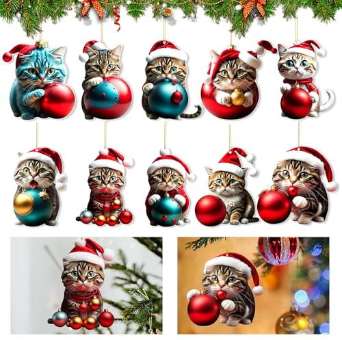 Weihnachtsbaum Katzen Anhänger,10 Stück Lustiger Weihnachten Katzen Ornament,2D Acryl Weihnachtskugeln Katze,Christbaumschmuck Katze,Weihnachtsbaumschmuck Katze,Weihnachtsdeko zum Aufhängen