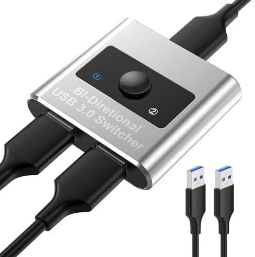 USB 3.0 Switch Selector, Bi-Directional Splitter 2 in 1 Out / 1 in 2 Out, Aluminum USB Switcher 2 Computers Share 1 Device for Printer, Keyboard, Mouse, with 2 Cables(4.9ft)