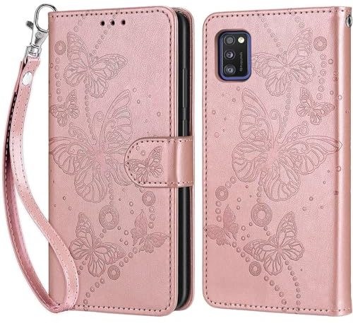Handyhülle für Samsung Galaxy A41 Hülle, Roségold Schmetterling | PU Leder Flip, Klappbar, Stoßfest, Magnetisch, Standfunktion, Kartenfächer, Retro Design, Handgelenkband