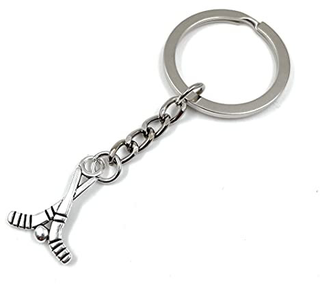 Onwomania Hockey Schläger Anstoss Ball Sport Schlüsselanhänger Metall Glücksbringer in Alu Geschenkbox, ideal zum Verschenken