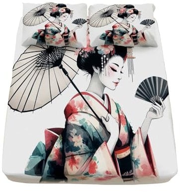 Fitted Sheet Umbrella Kimono Hair Ornament Hand Fan Microfiber Fitted Sheets with Deep Pocket 30cm, Flower Folding Fan Fitted Bed Sheets Modern Soft Breathable Fade Resistant for Super King Size Bed