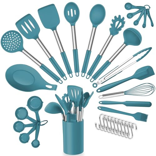 Joyfair Kitchen Utensil Set, 34 Pcs Silicone and Stainless Steel Cooking Utensils Set with Holder, Heat Resistant Kitchen Tool Accessories Include Spatulas Spoons Ladles for Non Stick Cookware, Blue