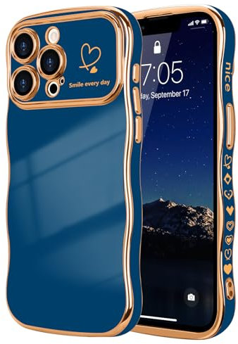 LCHULLE for iPhone 13 Pro Max Case for Women Girls,Cute Curly Wave Frame Shape Love Heart Pattern Phone Case,Raised Camera Protection Plating Shockproof Cover for iPhone 13 Pro Max 6.7,Navy Blue