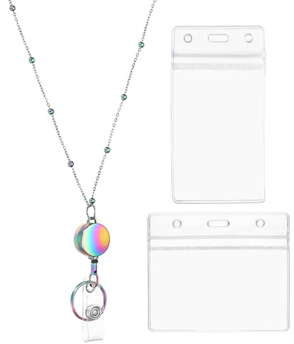 PATIKIL Abzeichen Halskette Lanyard mit ID-Halter Regenbogenfarbe | Abzeichenrollen-Lanyard-Clip-Kette, 304 Edelstahl, ausziehbarer runder, Mit 1 Set ID-Halter