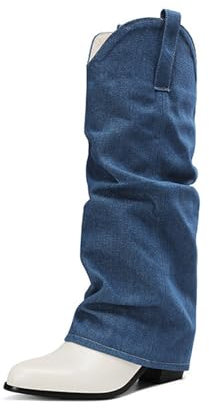 Stivali Moda da Donna 6,5 ​​cm/2,55 Pollici Stivali Alti con Tacco Medio in Denim Stivali Lunghi di Grandi Dimensioni