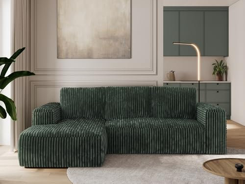 MKS MEBLE Sofa mit Schlaffunktion - Ecksofa mit Schlaffunktion und Bettkasten - Sofa 3 Sitzer - Schlafsofa - Couch - Schlafsofa mit Bettkasten - Trentino L - Grün Cord - Links