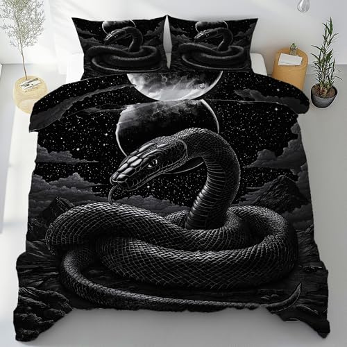 Schwarze Schlange Bettwäsche 135x200 3 Teilig, Sternenhimmel Python | Bettbezug mit 2 Kissenbezug, Gotisch Reptil Bettwäsche Set, Wendebettwäsche mit Reißverschluss
