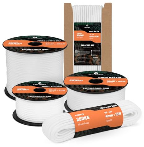 Kamu Synber 550 Paracord 4mm 30m Type III 7 Strands 100% Nylon Rope Parachute Cord Ideal for Crafting, DIY, Camping, Survival, Outdoor | Support 250kg | White