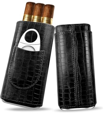 BORDEAG Cigarretui för 3 cigarrer, läder cigarretuis, cigarrhumidor med cigarrskärare, reseciarreutui Bärbart med cederträ fodrad, cigarretui för resor, kortresa