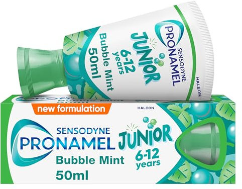 Sensodyne Pronamel Junior 6-12 Years Toothpaste for Juniors, 2X Stronger Enamel Defence, Bubble Mint Flavour, 50 ml Protection from Sugar acids vs Your Mouth’s Natural defences