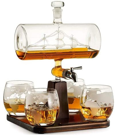 DEFBOW Carafe à Whisky en Verre avec Verres - Carafe à Whisky en tonneau de 1 100 ML - Ensemble de Carafe à Alcool avec 4 Verres à Whisky, Distributeur de Shots pour Bar, Festival, Cadeau, 1 pièce